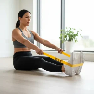 Leg press variation done with 50 lb resistance bands looped around the feet for lower body toning.