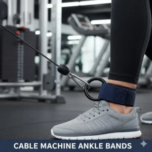 A sturdy D-ring attachment on an ankle bands connected to a cable machine for targeted leg and glute workouts.