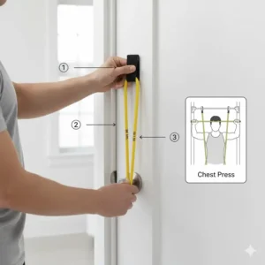 Visual guide on properly setting up the door anchor attachment with the resistance bands 50 lbs for exercises like chest press.