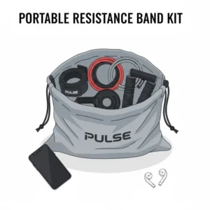 An image showing the compact exercise band and exercise band ankle strap accessories packed neatly into a small travel bag for on-the-go workouts.