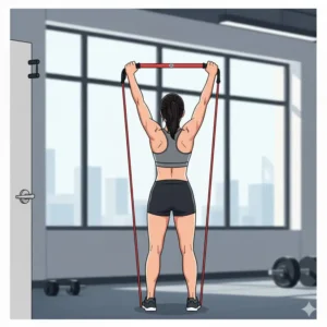 A fitness model demonstrating an overhead tricep extension using 20 lb resistance bands to target arm muscles effectively.