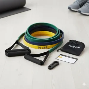 Chart showing the different resistance bands colors, including the 50 lb resistance bands, and their equivalent weight.