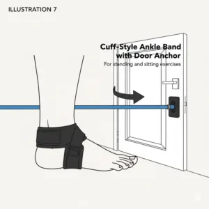 Using cuff-style ankle exercise bands attached to a door anchor for greater resistance during standing lower body and ankle movement exercises.