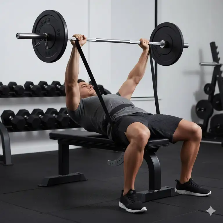 A person performing a bench band press exercise using a resistance band wrapped around their back and secured under their hands.