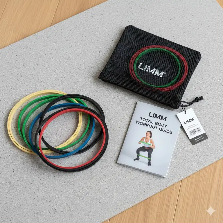 A complete professional set of limm exercise bands including five resistance loops, a carrying case, and a workout guide.