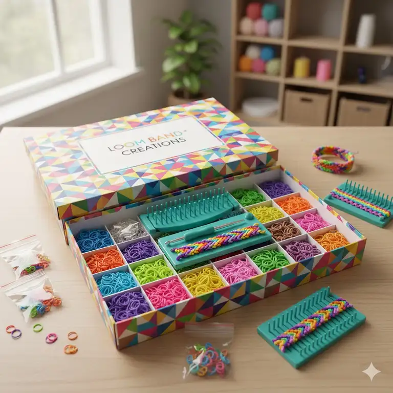 Starter kit of colorful rubber bands, loom tool, and clips displayed in a neat box from our online loom band shop.