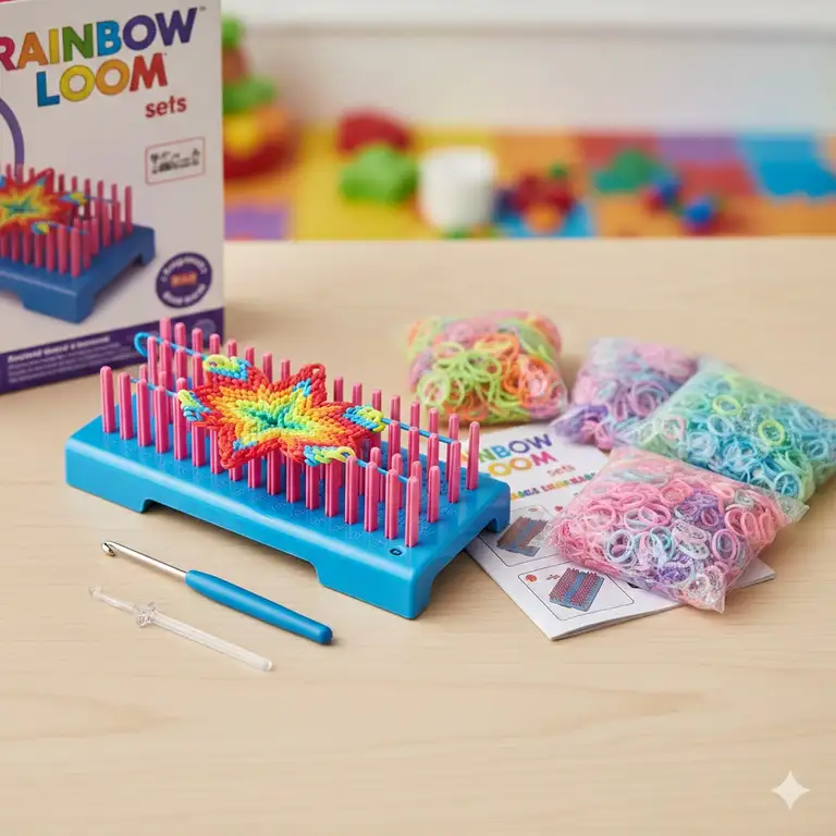 A brightly colored image featuring the rainbow loom sets beginner kit, including the loom, hooks, and a variety of colorful elastic bands, perfect for crafting jewelry.