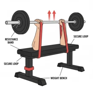 Diagram illustrating the proper bench band setup, showing the resistance band securely looped under the weight bench and held in the hands.