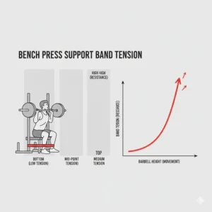 Diagram showing the specific accommodating resistance curve created by a bench press support band, with the highest tension at lockout.