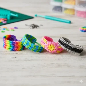 Close-up of four best-selling bracelets, showcasing popular patterns for sale at the loom band shop.