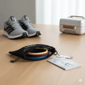 Lightweight and portable limm exercise bands neatly packed in a small travel pouch for fitness on the go.