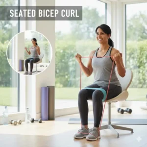 A person performing a seated bicep curl as part of their resistance band sitting exercises routine.