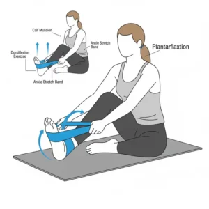Diagram of a seated plantarflexion movement, with the foot pushing down against the resistance of the ankle stretch band.