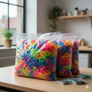 Large, clear bags of bulk refill packs in vibrant rainbow colors, available at the loom band shop