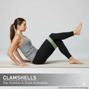 Performing clamshell exercises with the best resistance bands for runners to improve stability.