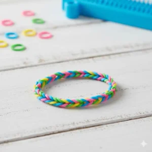 Close-up on the thick Fishtail design, showing one of the most popular kinds of loom bracelets known for its dense texture and ease of creation.