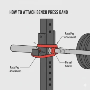 Close-up visual detailing the correct technique for anchoring and attaching a bench press support band to a power rack and barbell sleeves.