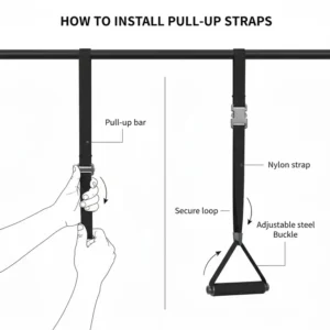 Illustration 2 (Installation): Step-by-step visual guide on how to safely set up and secure pull up straps with handles on a bar.