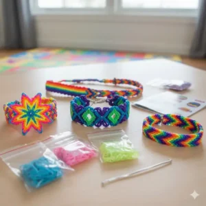 A collection of popular finished projects, such as Dragon Scale and Starburst bracelets, made using various rainbow loom sets and rubber bands.