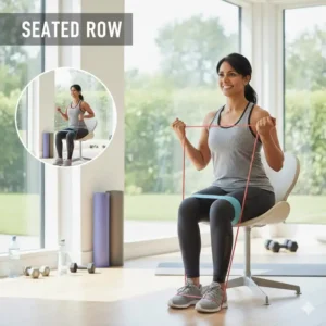 Demonstration of a seated row move included in professional resistance band sitting exercises.