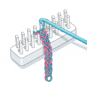 Detailed illustration showing the weaving steps to create the popular fishtail bracelet, one of the many rainbow loom different bracelets with bright pink and blue bands.