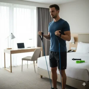 A person using resistance bands as an alternative to the best travel weights in a small room.