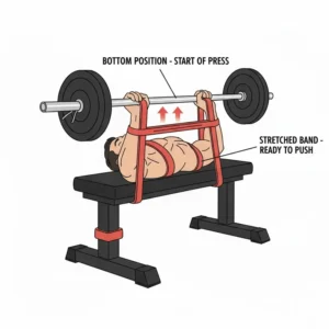 A lifter in the bottom phase of the bench band press, with the band stretched and hands close to the chest.