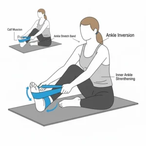 A person performing an ankle inversion exercise using the ankle stretch band to help stabilize the inner ankle for injury recovery.