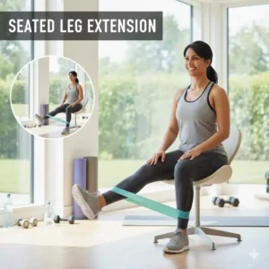 An illustration of leg extensions for strengthening lower body with resistance band sitting exercises.