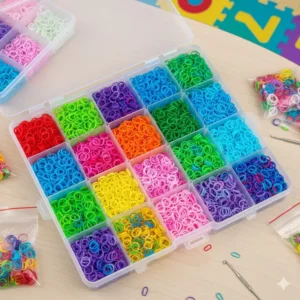 A close-up shot of an organized storage container filled with elastic bands from rainbow loom sets, sorted by color for easy crafting.
