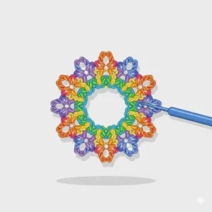 A stunning example of a complex starburst design, one of the many rainbow loom different bracelets featuring a colorful floral-like pattern.