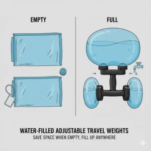 Adjustable water-filled dumbbells shown as the best travel weights for saving luggage space.