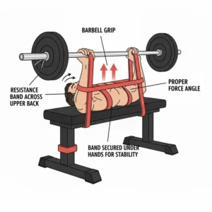 Close-up diagram showing the ideal placement of the resistance band across the back and over the hands during a bench band press.