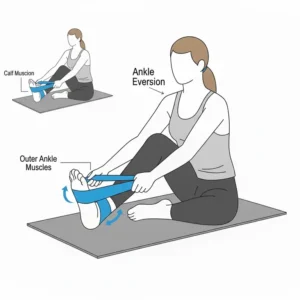 Detailed illustration of the eversion movement, targeting the outer ankle muscles with the assistance of an ankle stretch band for rehabilitation.
