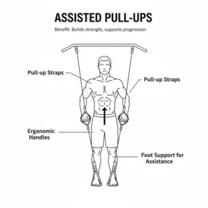Illustration 4 (Assistance): Demonstration of using pull up straps with handles for assisted foot-support exercises to build strength.