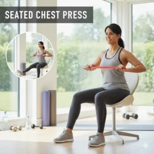 How to perform a seated chest press correctly during resistance band sitting exercises.