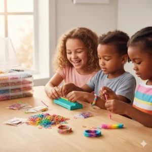 Happy children collaborating and actively making colorful jewelry, using products bought from the loom band shop.