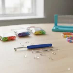 The essential tools included in standard rainbow loom sets, focusing on the metal hook and small plastic hook used for looping rubber bands.