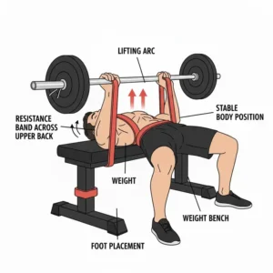 A full-body view of the bench band exercise, highlighting the body's stable position on the bench.