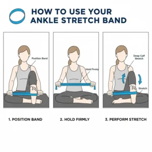 Step-by-step guide illustrating how to properly secure and use an ankle stretch band around the foot for deep calf and hamstring stretches.