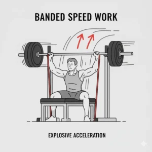 Lifter performing an explosive repetition focusing on acceleration, a key benefit of training with a bench press support band.