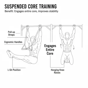Illustration 5 (Core): User performing hanging leg raises and abdominal training with a set of pull up straps with handles.