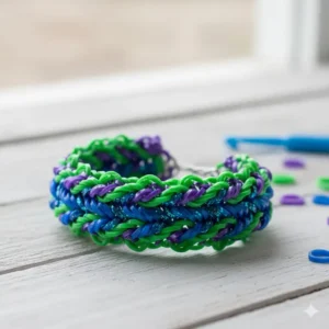 An image focusing on the Ladder pattern, a unique design among the kinds of loom bracelets where a central band is separated by connecting edges.