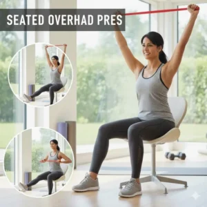Seated overhead shoulder press technique using resistance band sitting exercises for mobility.