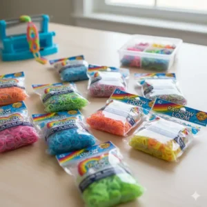 Different packages of rainbow loom sets refill bands, showcasing the variety of colors and specialty bands available, like glow-in-the-dark.