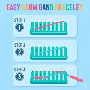 An infographic showing the first three steps of a basic bracelet tutorial, a free guide from the loom band shop.