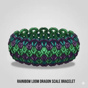 A wide, textured dragon scale bracelet in shades of green and purple, demonstrating one of the more advanced and intricate rainbow loom different bracelets available.