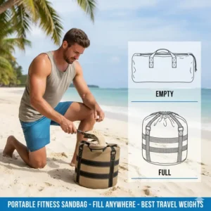 A heavy-duty fitness sandbag that can be filled on-site, one of the best travel weights for outdoors.