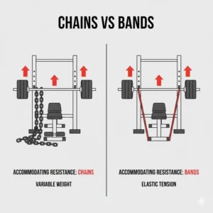 Visual comparison between using heavy lifting chains and the more practical bench press support band method for variable resistance training.