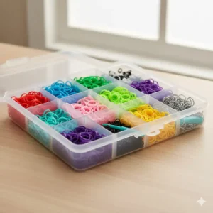 Organized clear plastic storage box with dividers, neatly holding different colors of rubber bands from the loom band shop.